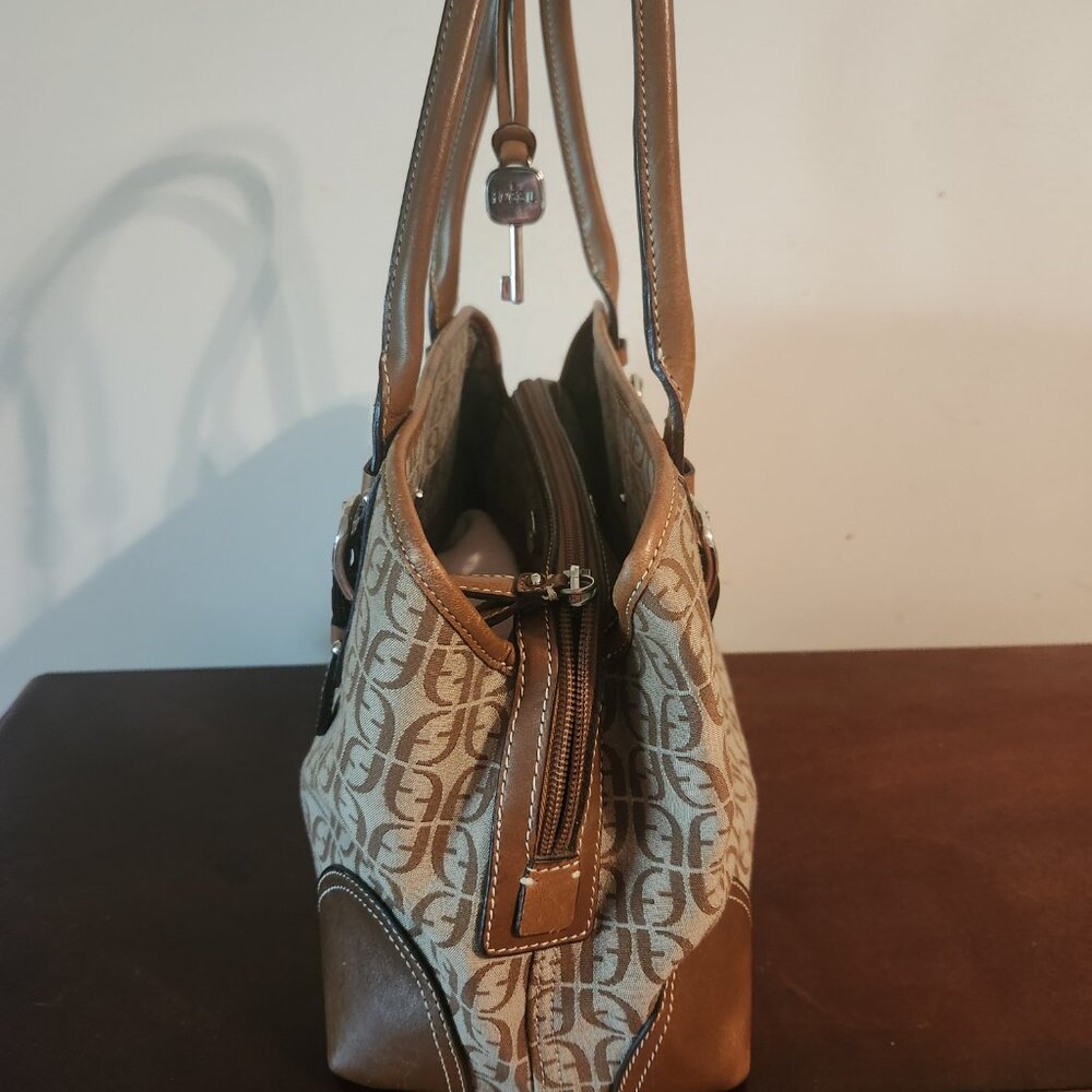 FOSSIL women Handbag Beige Canvas Logo print/Leather 13"x9"x4.5" 2 handles - Picture 4 of 15